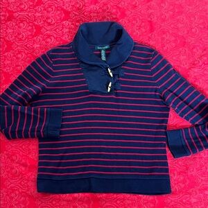 Lauren Ralph Lauren Navy Red Striped Shawl Collar Sweater XL Cotton